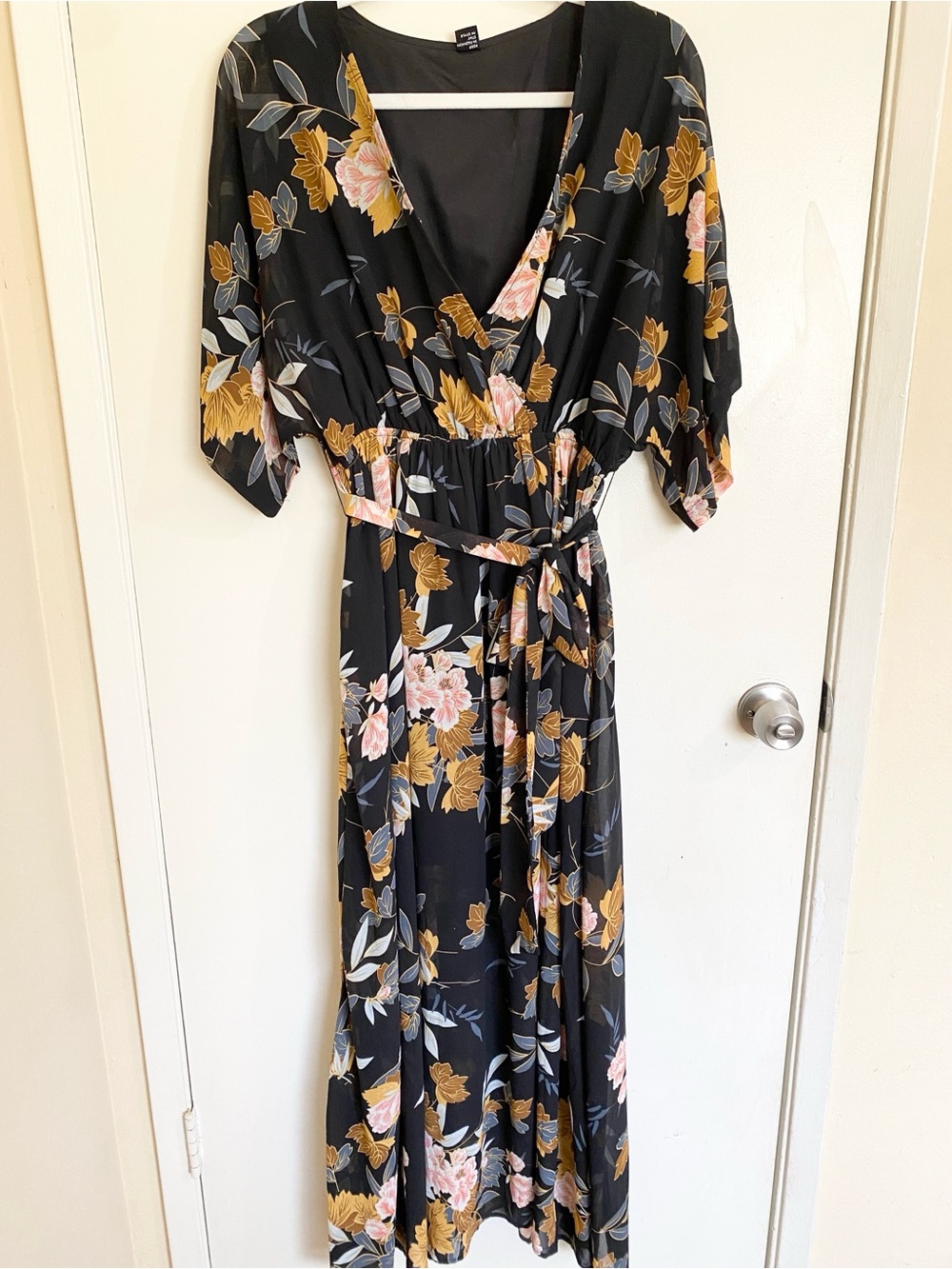 Flowy 1/2 Sleeve Belted Waist V-neck Summer Floral Wrap Maxi Dress Large Black